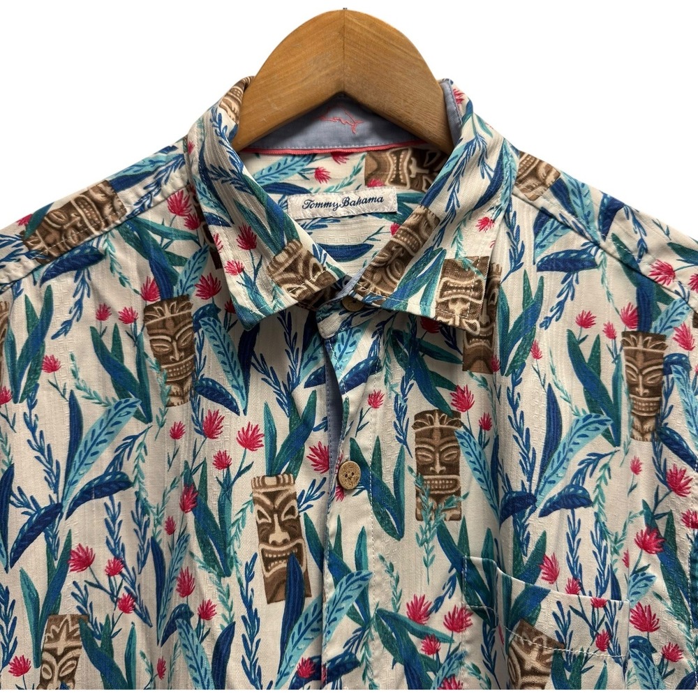 Tommy Bahama Mens Sz Medium Tiki Polynesian Hawaiian Floral Silk Polyester Shirt